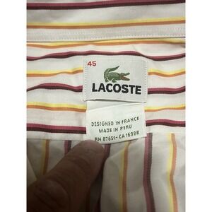 Lacoste Red Orange Yellow White Pin Striped Cotton Shirt Sz 42 L/XL Long Sleeve